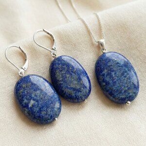 Vintage Sterling Silver Lapis Lazuli Pendant Necklace and Leverback Earrings Set
